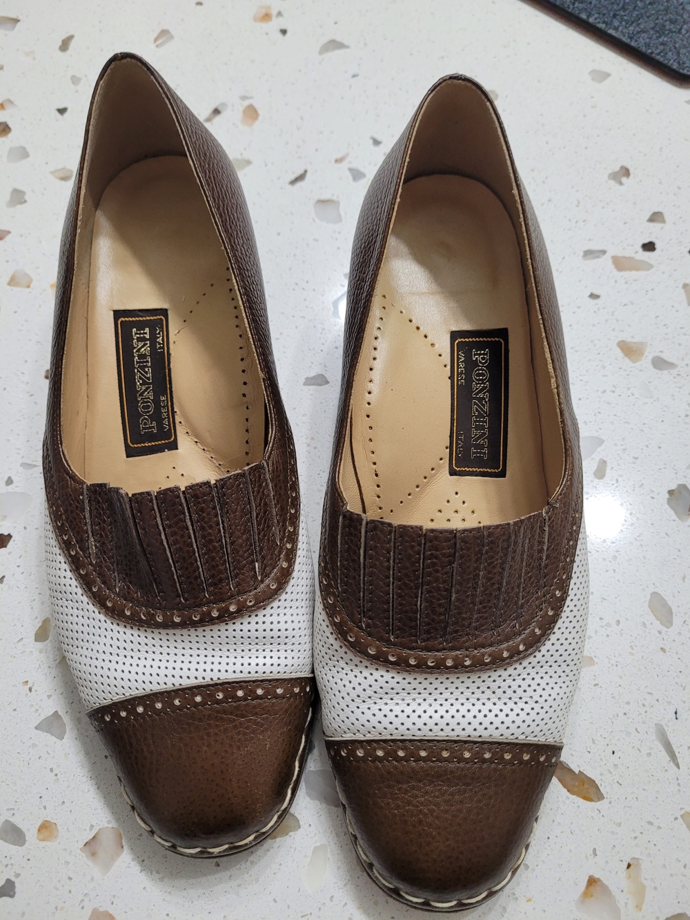 Ponzini Italian Brown & White Leather Slip-On Loafers Sz 7.5